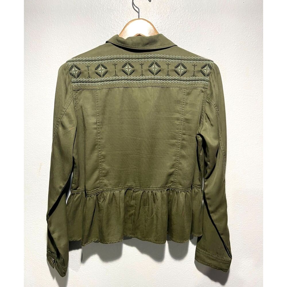 Bunulu shirt bohemian military green embroidered casual flare hem women S